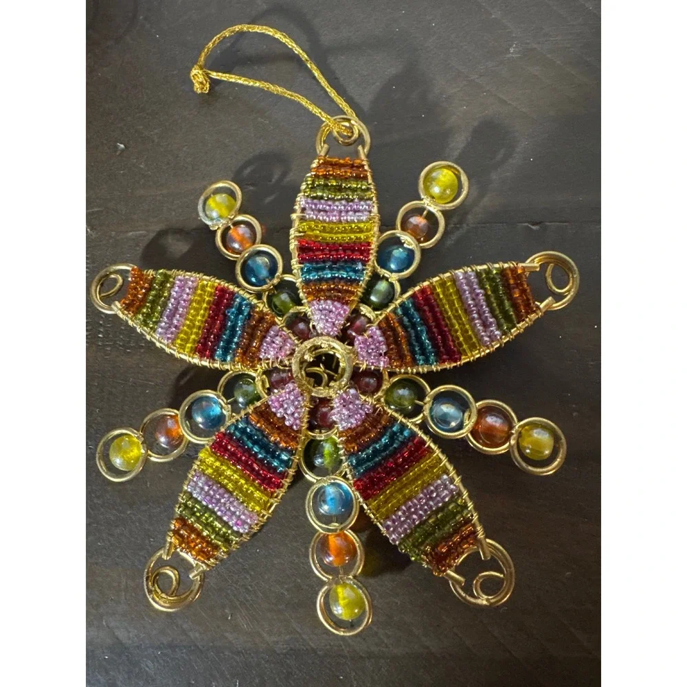 Handcrafted Beaded Star Ornament Rainbow Wire Wrapped Sunburst Gold Tone 4 Inch